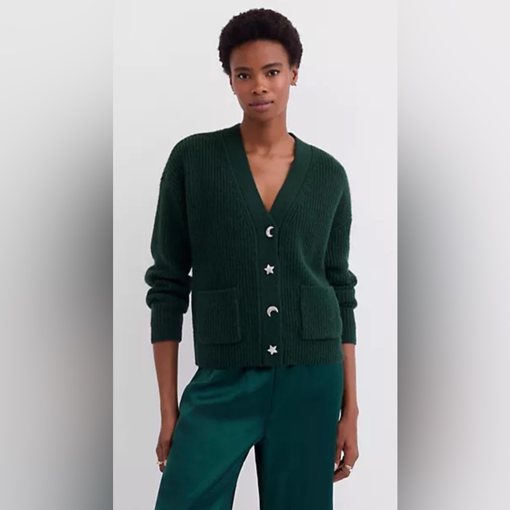 LOFT Forest Green V-Neck Cardigan w/Jeweled Star & Moon Buttons Size Large - Picture 9 of 11